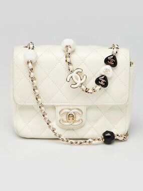 Chanel White Quilted Lambskin Leather Resin Heart Chain Square Mini Flap Bag